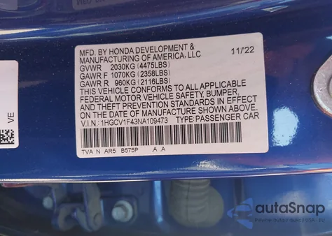 2022 Honda Accord Sport Special Edition from USA, damaged, VIN 1HGCV1F43NA109473